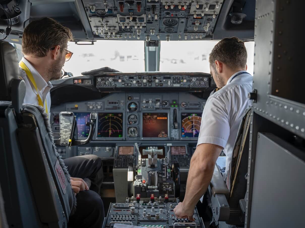 Two pilots sitting in the cockpit